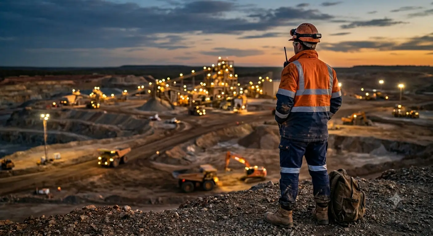 Mine supervisor overlooking an active pit at dusk