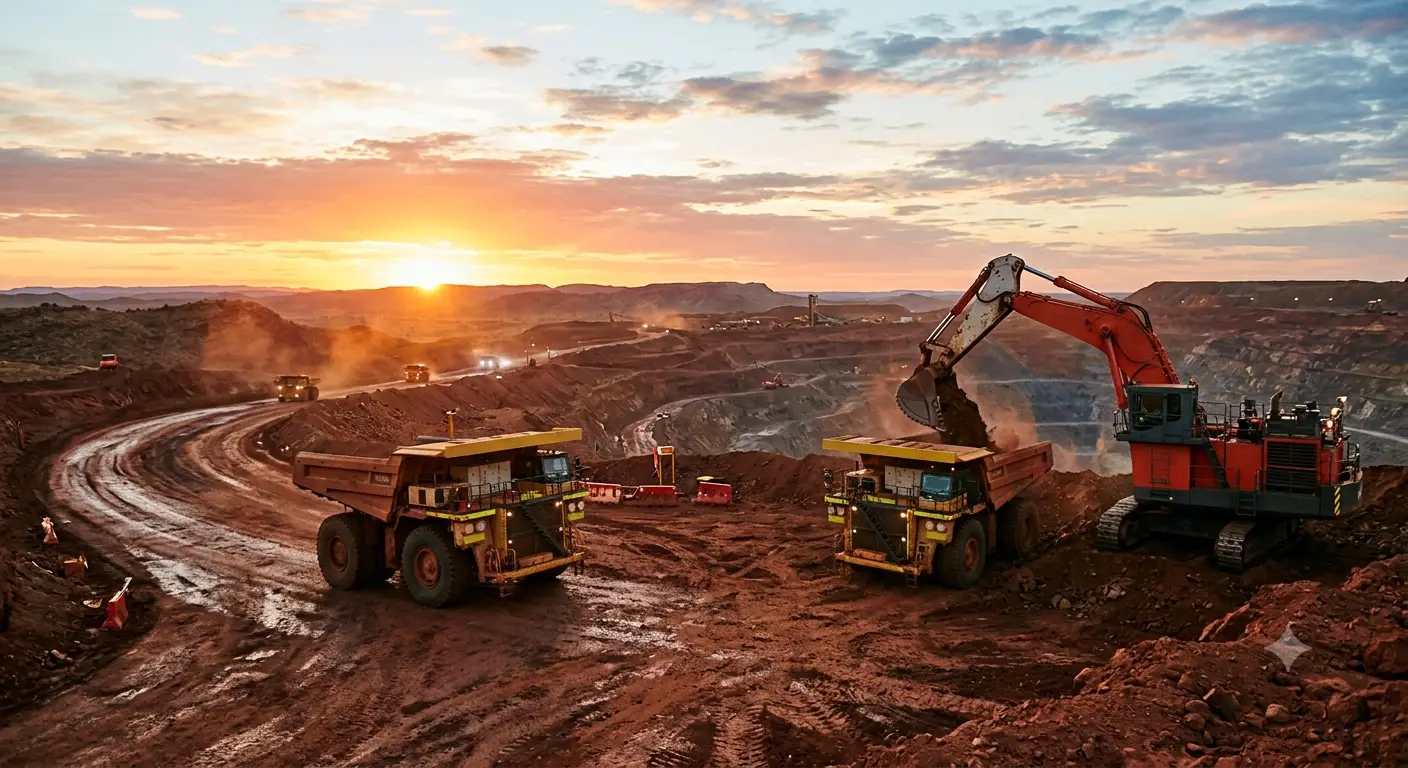 Haul trucks and an excavator working a pit at sunset